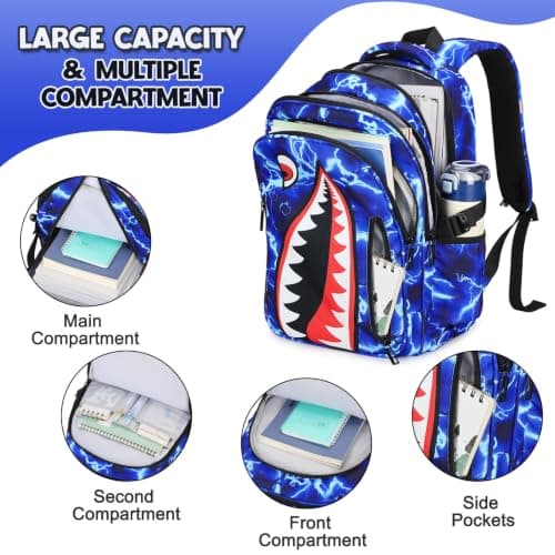 Rygsæk til drenge, 4 STK Cool Lysende Haj Drenge Rygsæk med Madkasse Blue Lightning Backpack&Shoulder Bag