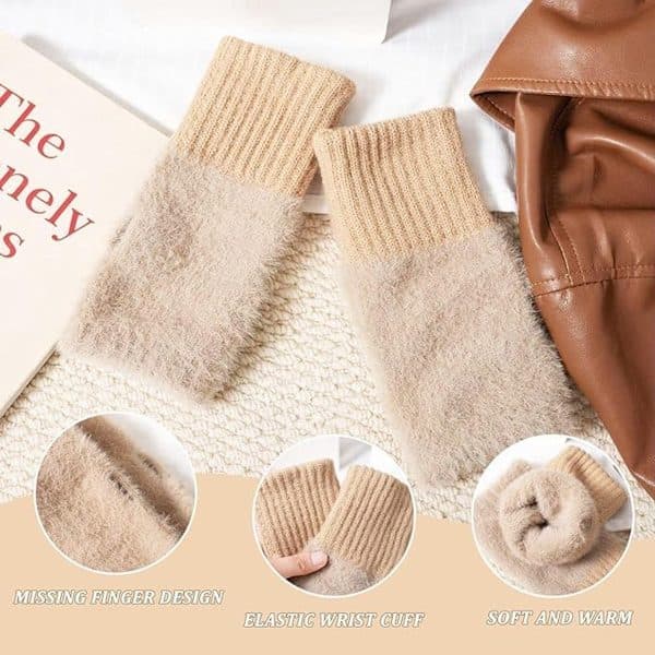 ING Søde Strikkede Handsker (2 Par), Varme Damehandsker, Fingerløse Plys (Pink, Beige)