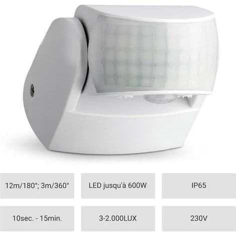 IP65 Utendørs Bevegelsessensor, Overflatemontert Veggenhet, Programmerbar, 12m/180° - 3m/360°, LED-kompatibel, Infrarød Sensor med Doble Sensorer