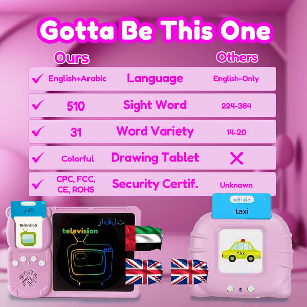 Skriveplade med tosprogede flashkort til børn, arabisk, lyserød Pink Arabic
