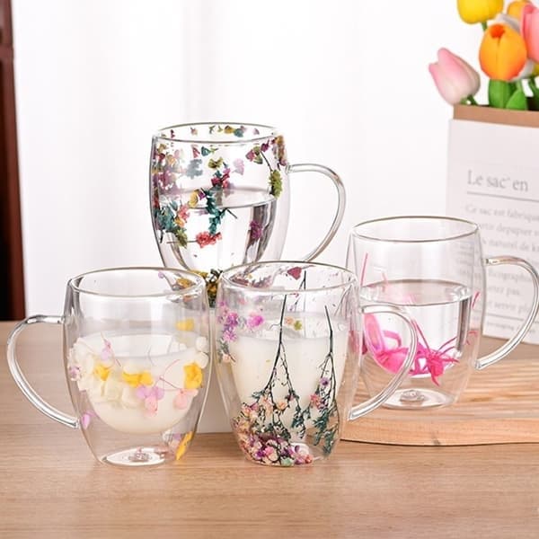 Krus med tørrede blomster dobbeltvægget glaskrus #6 350 ml, #6 350 ml #6  350ml