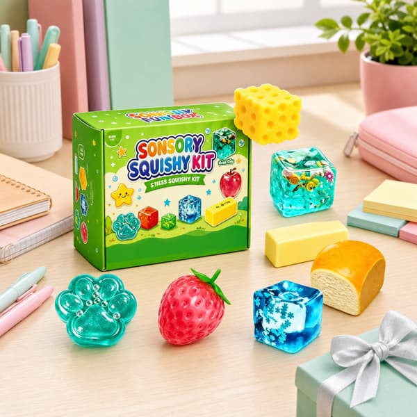 8-delt sensorisk squishy-sæt, ost, brød, jordbær, pote, smør og klare terning stressaflastende fidget-legetøj