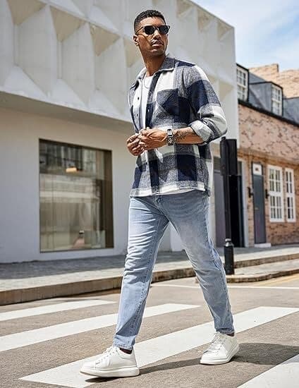 Flannel skjorte til mænd Afslappet Button-Down Ternede Skjortejakke, Blå, Størrelse L Blue L