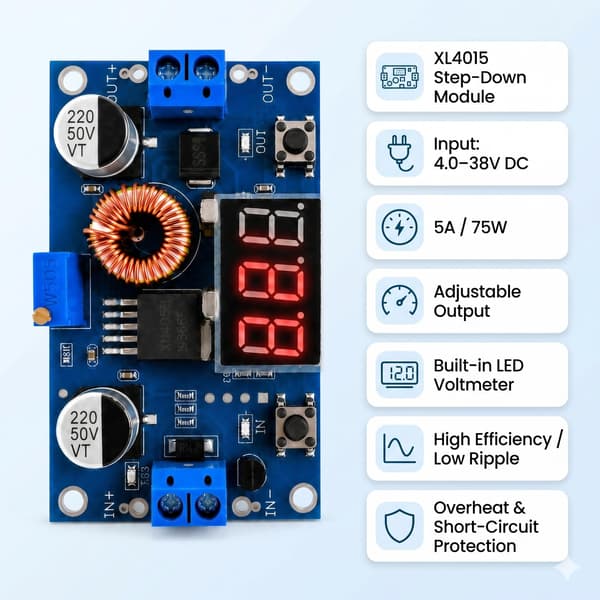 2 st 5A 75W DC-DC Step Down Buck Converter XL4015 Modul | Justerbar Spänningsregulator med LED Voltmeter Display Två Knappar