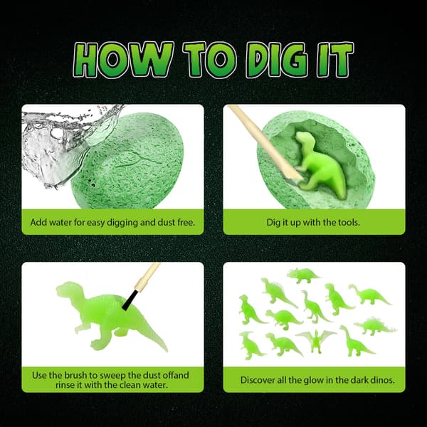 Glow Dino Eggs Dig Kit, 12 utgravings-egg, STEM-leketøy 6+ Green Glowing Dinosaur