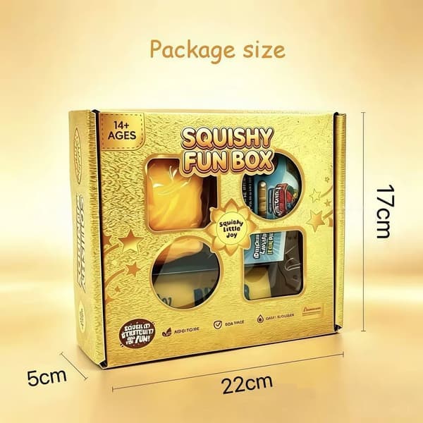 4-delt gyllen Squishy Fun Box, assortert matglitter og dumpling sensoriske stressavlastningsleker i gaveeske
