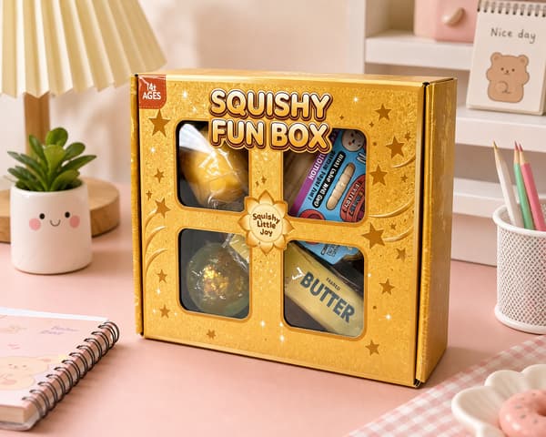 4-delad guldig Squishy Fun Box, blandade matglitter och dumpling sensoriska stressavlastningsleksaker i presentförpackning