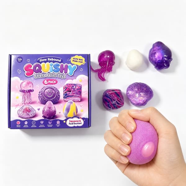 6-pack lila långsamt stigande squishy-leksaker, manet, snäcka, boll och geometrisk stresslindrande sensorisk presentuppsättning