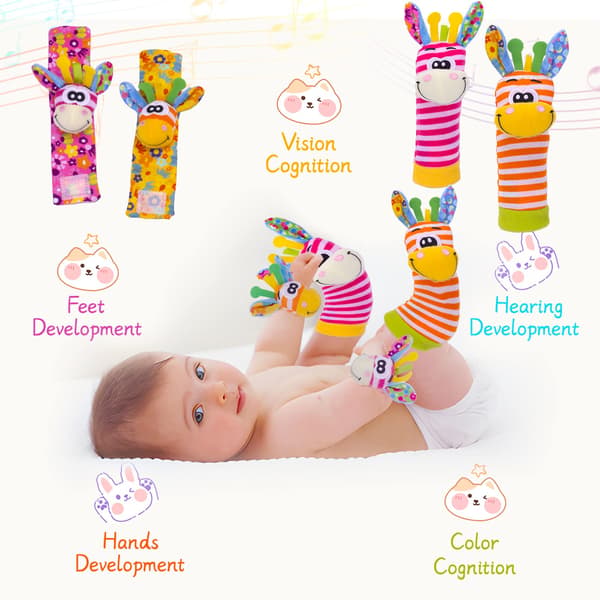 PADONISE Håndledsrangler Babysokker Babylegetøjssæt Blødt Sanselegetøj Pink & Yellow