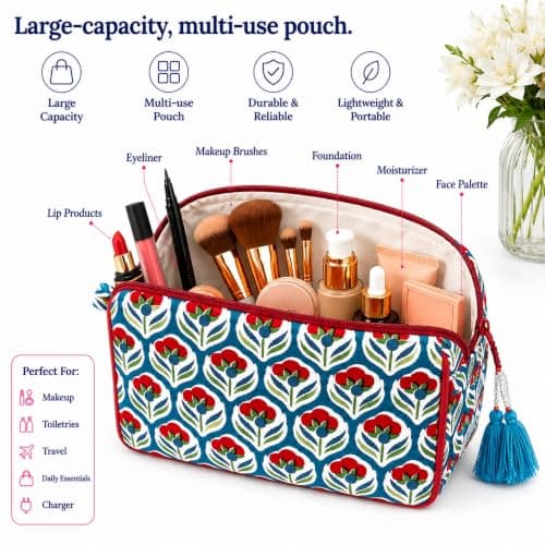 Huar Rejse Makeuptaske - Kosmetiktasker med stor kapacitet til kvinder White & Red Floral