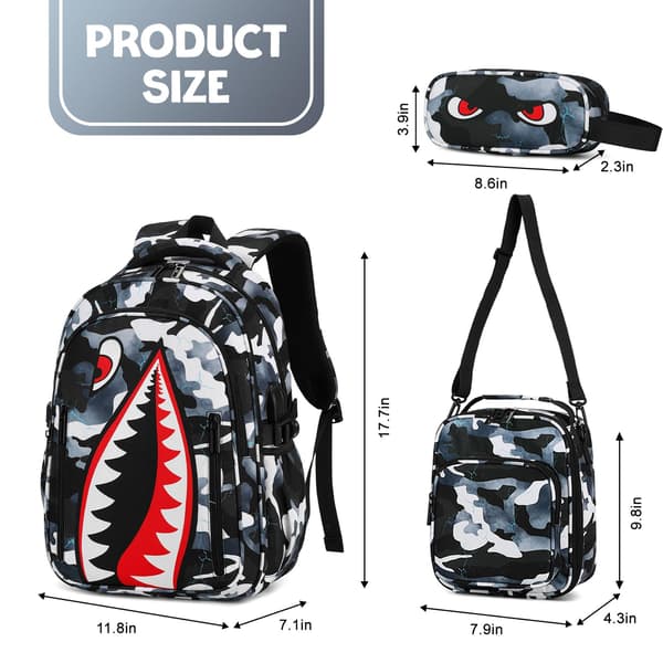Rygsæk til drenge, 3 STK Cool Lysende Haj Drenge Rygsæk med Madkasse Black White Backpack