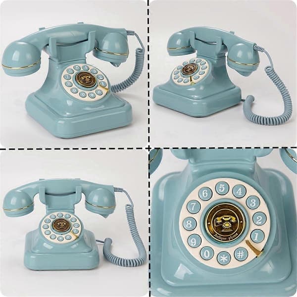 Retrotelefon med ledning og drejeskive, fastnettelefon til hjemmet, blå