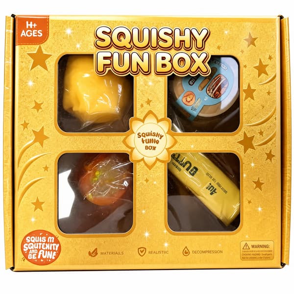 4-delt gull Squishy Fun Box, kompakt matglitter og dumpling sensorisk stressavlastningsgavesett