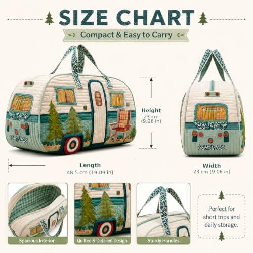 Sød hvalp quiltet duffel håndtaske, blomstret patchwork rejsetaske til camping, picnic, korte ture daglig opbevaring Camper Pine Tree 1