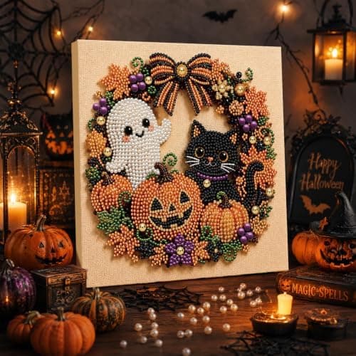 DIY Perlemalerisæt med ramme 12 tommer spøgelse og sort kat krans Ghost and Black Cat Wreath