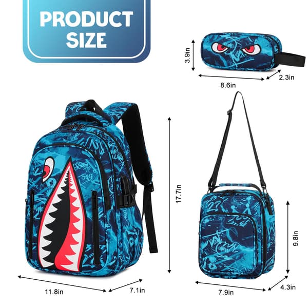 Rygsæk til drenge, 3 STK Cool Lysende Haj Drenge Rygsæk med Madkasse Blue Graffiti Backpack