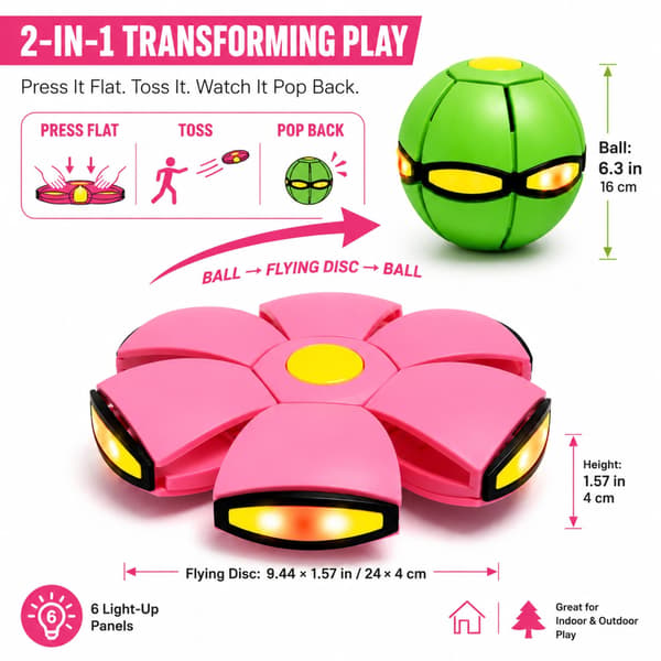 Lysende ballleke, sprettball som flater ut til en flygende disk Macaron Pink+ Green