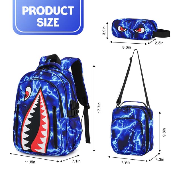 Rygsæk til drenge, 3 STK Cool Lysende Haj Drenge Rygsæk med Madkasse Blue Lightning Backpack
