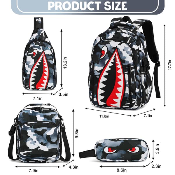 Rygsæk til drenge, 4 STK Cool Lysende Haj Drenge Rygsæk med Madkasse Black White Backpack&Shoulder Bag