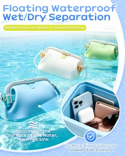 Silikon strandveske med stropp, vanntett flytende tote Blue Medium