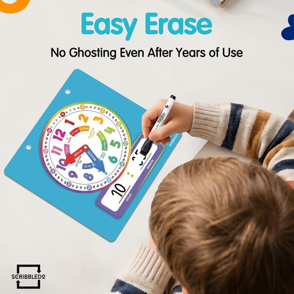 Scribbledo Dry Erase Teaching Clock Magnetisk læreklokketavle, 13×13 tommer, inkluderer 2 tusjer og hengesnor, bygger tidsfortelling