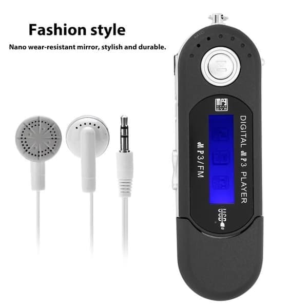 MP3-soitin, musta, LCD-näyttö, FM-radio, sanelin