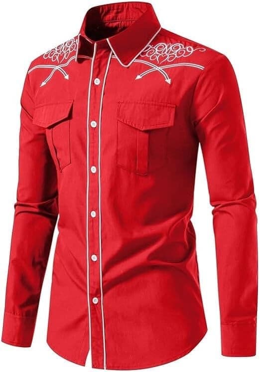 Herrskjorta med knappar, lång ärm, broderad, röd 2, storlek 2XL Red 2 2XL