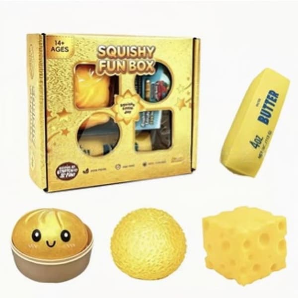 4-delt gylden Squishy Fun Box, assorterede madglimmer og dumpling sensoriske stressaflastningslegetøj i gaveæske