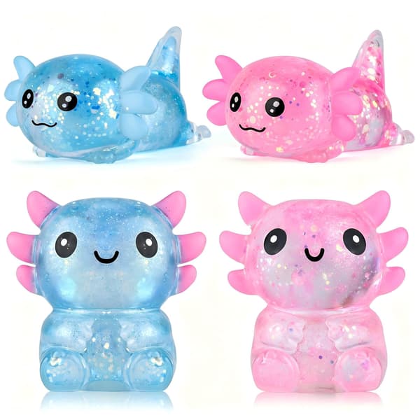 Tedmax Glitter Axolotl Squishy Sensoriska Leksaker, 4 st Mjuka och Töjbara Fidget Leksaker Pink