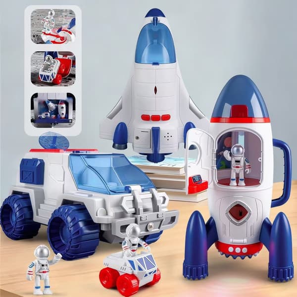 AuntyFey rumraket og rumfærge legetøjssæt til børn med 2 astronautfigurer