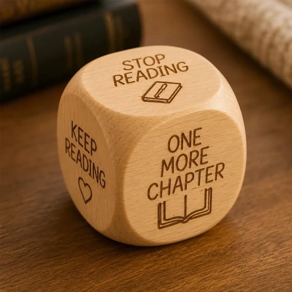 Lesebeslutnings-terning i tre, 6-sidet gravert bok-inspirert spillterning, \"One More Chapter\" nyhetsminne, skrivebordsdekorasjon for bøker 3pcs