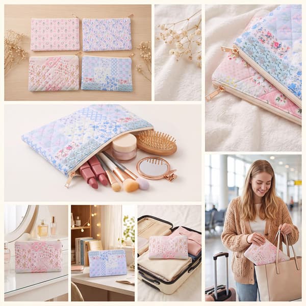 Sminkepung i bomullslappeteknikk, rosa blå glidelås kosmetikkveske Pink Blue Patchwork