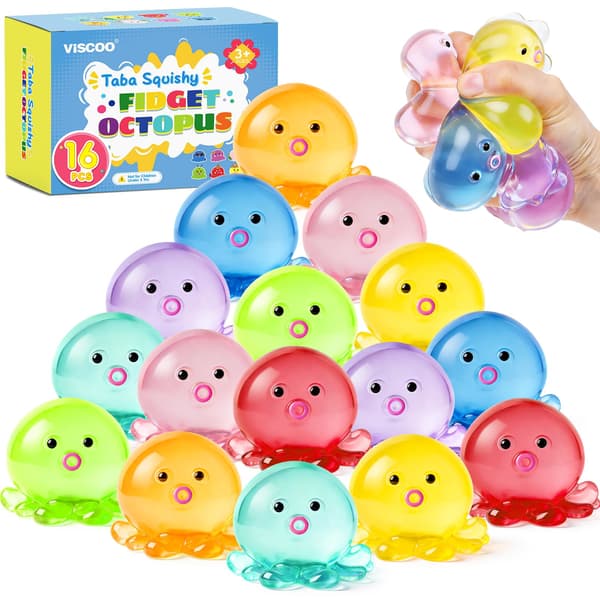 VISCOO 16-pack bläckfiskstressbollar för barn, långsamt stigande klämleksaker 16p-octopus 8 Colors