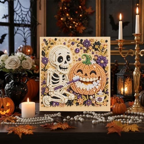 DIY Perlemalingssett med ramme 8 tommer Skjelett Gresskar Tenner Moro Skeleton Pumpkin Teeth