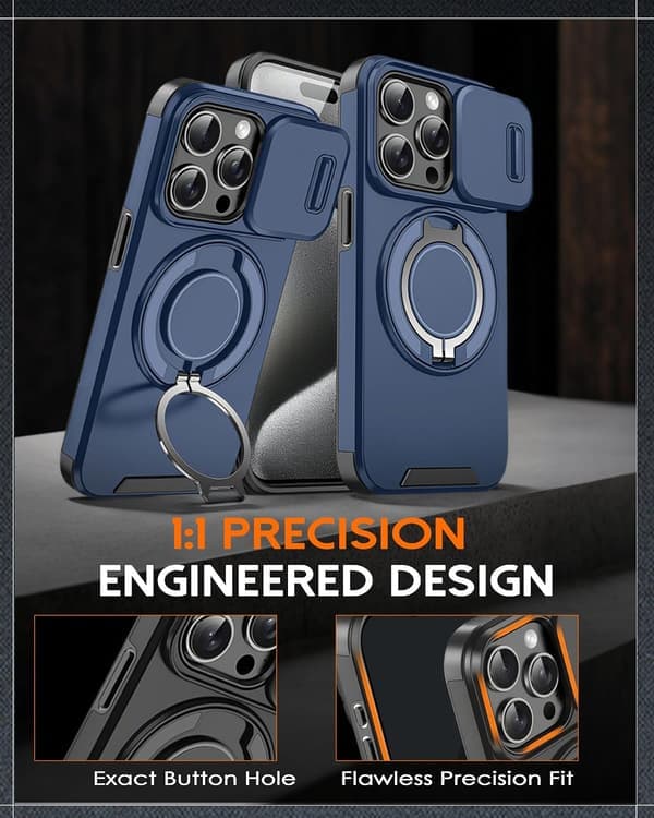 Militærklasse magnetisk etui til iPhone 17 Pro Max 2.0 - Stødresistent med kamerabeskyttelse og 360° støttefod (Orange) iP 17 Pro Max