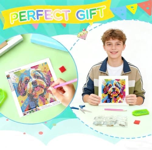 bleihum Hund Diamantkunstsett for barn 8-12 år med ramme (7x7 tommer) CC1069-US