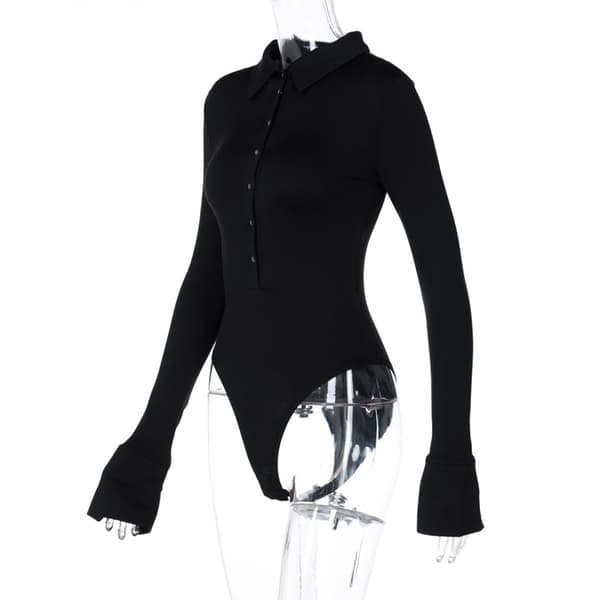 Dam långärmad bodysuit med nedvikt krage, svart, storlek S black S