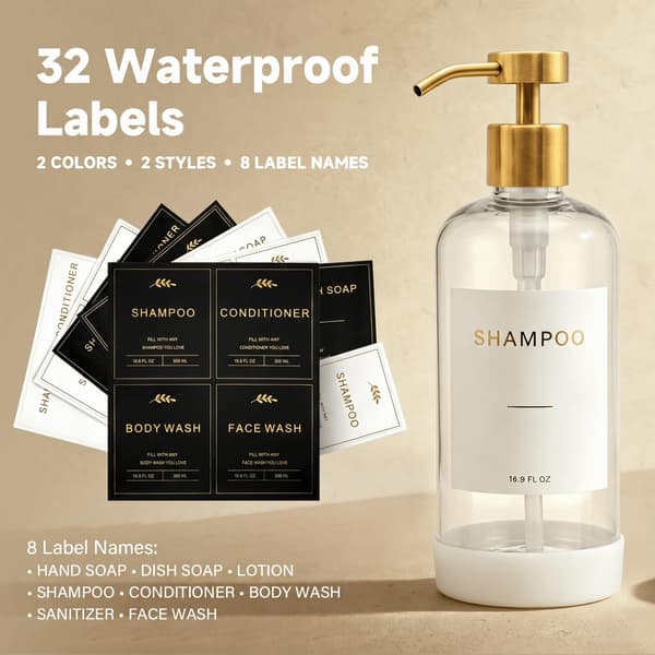 Prus Waso påfyllbare sjampo- og balsamflasker, klar og gull Clear & Gold