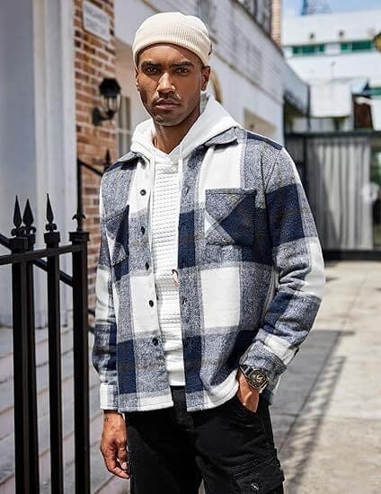 Flannel skjorte til mænd Afslappet Button-Down Ternede Skjortejakke, Blå, Størrelse L Blue L