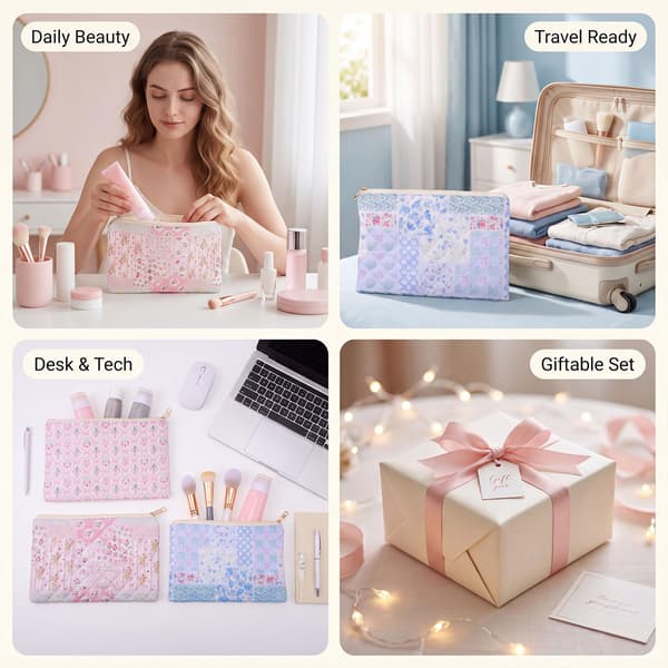Sminkväska i bomullspatchwork, rosa blå kosmetikpåse med dragkedja Pink Blue Patchwork