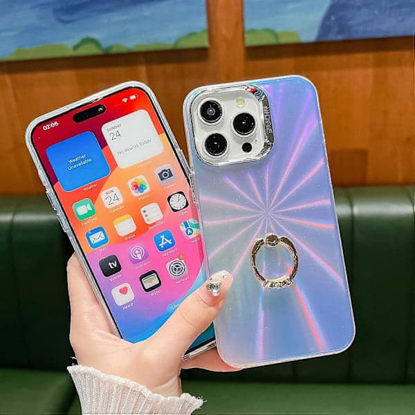 Etui til iPhone 14 Pro IMD galvanisering ringstativ PC+TPU laser mobiltelefonetui