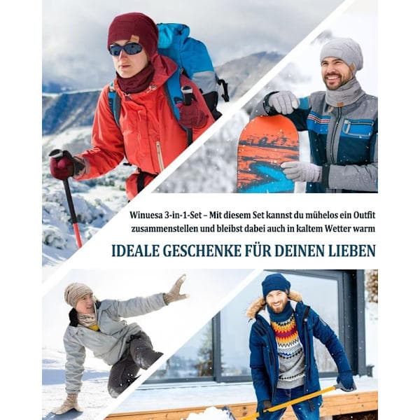 Vintermössa, halsduk och pekskärmshandskar – stickad, unisex vit Vit