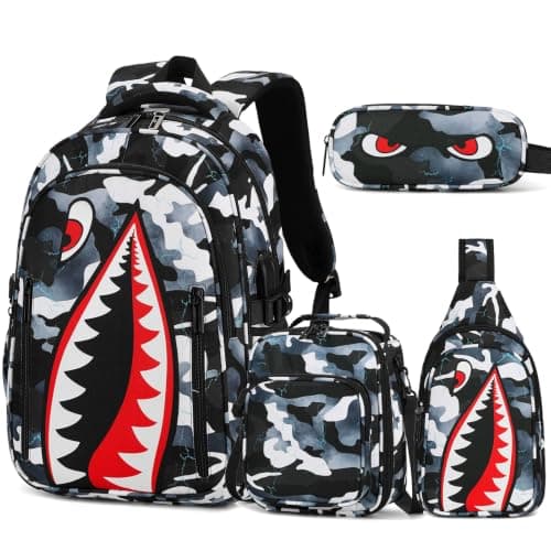 Rygsæk til drenge, 4 STK Cool Lysende Haj Drenge Rygsæk med Madkasse Black White Backpack&Shoulder Bag