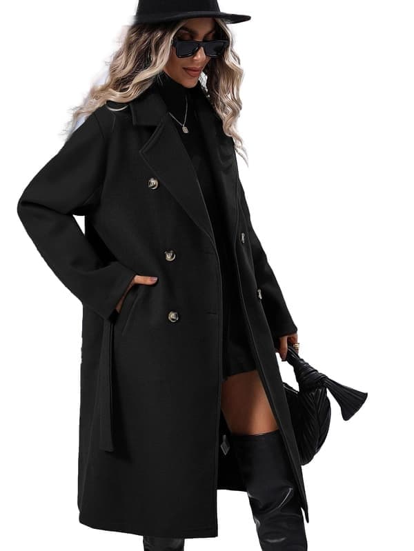 Lang uld-peacoat til kvinder med krogkrave, dobbeltradet trenchcoat, sort, størrelse 2XL black 2XL