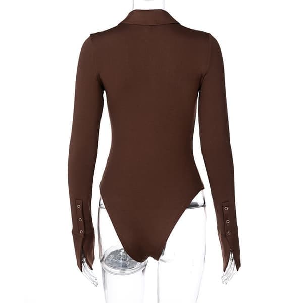 Dam långärmad bodysuit med nedvikt krage, brun, storlek M brown M