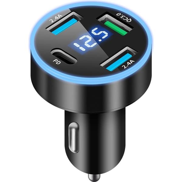 4-porters USB-C hurtig billader, 50W QC3.0 og PD-pluggadapter, USB billader, hurtiglading med LED-voltmeter for iPhone og Android