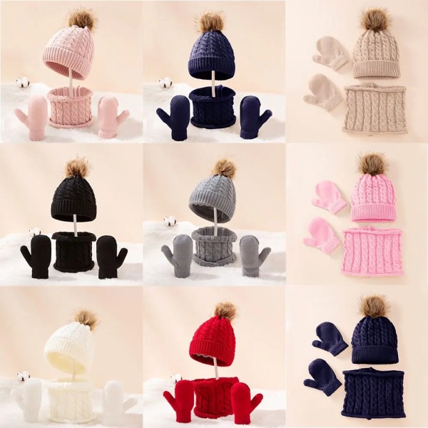 NEW Cotton Winter Solid Color Hat Scarf Gloves Set Children for Kids 0-3 Years Boys Girls