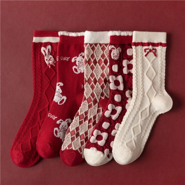 Year of the rabbit red socks female autumn and winter rabbit year red mid-tube socks New Year New Year wedding cotton socks