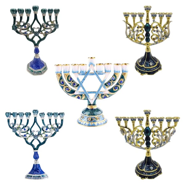 Hand Painted Judaica Candlestick with Menorah Candlestick, Geometric Style, Classic Decoration for Home, Centerpieces