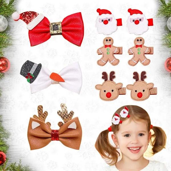 9pcs Children's Christmas Gingerbread Man Hair Clip Fashion Christmas Leather Bow Knot Edge Clip Santa Claus Elk Headwear